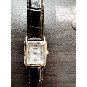 Rotary Watch, Rectangle face, calendar, stainless case, Black leather strap